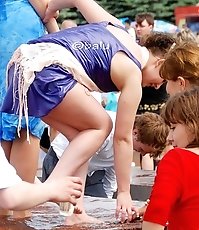 Girls are outdoor flashing upskirts