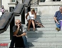 Spy upskirt, of beautiful blonde in denim mini