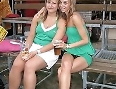 Frisky girls entertain showing sneaky upskirts