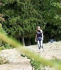 Perverted blonde flasher teen pisses in forest