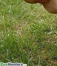 Posh hoochie takes a stop in the woods to piss