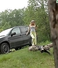 Posh hoochie takes a stop in the woods to piss