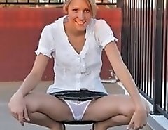 Blonde upskirts white lace panty cameltoe