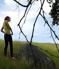 Babe tinkles on a rock in the middle of a field