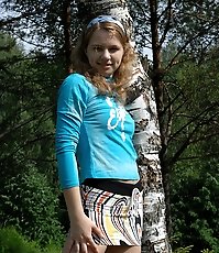 Dreamboat Russian tart pissing next to birch tree