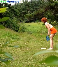 Chick takes off all her clothes to take a leak