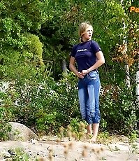 Perverted blonde flasher teen pisses in forest