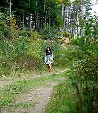 Nasty teen doing water sports in the forest glade