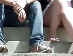 Sneak peek up white skirt of a girlfriend. Spy upskirt