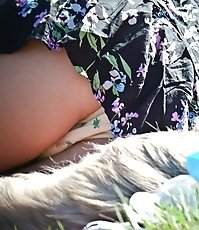 Sheer panties up bright skirt. Up skirt close up