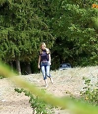 Perverted blonde flasher teen pisses in forest
